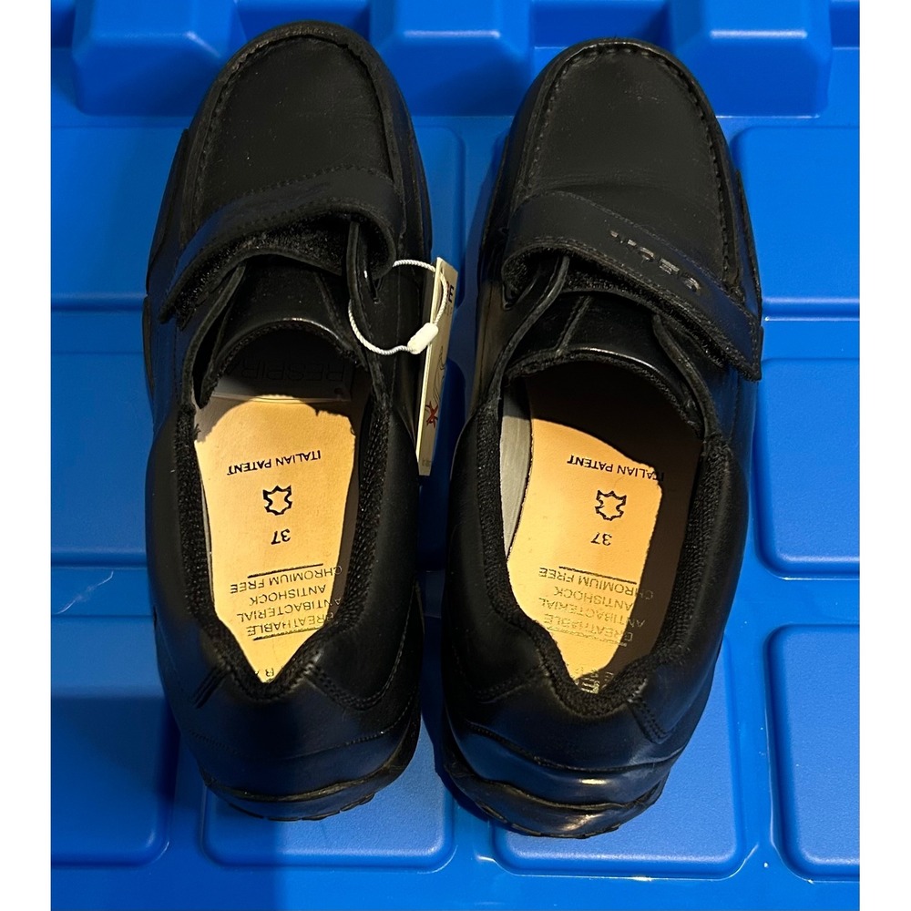 Geox Respira Kids Black Leather Loafers Hook Loop Strap EU 37 Italian Patent
